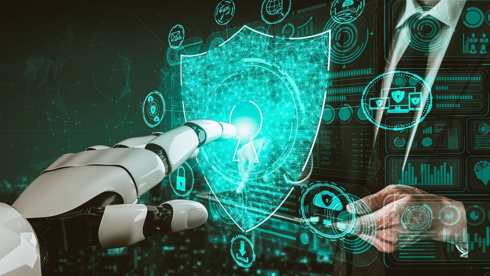 Illustration of a red padlock breaking open against a background of binary code, representing an AI security breach